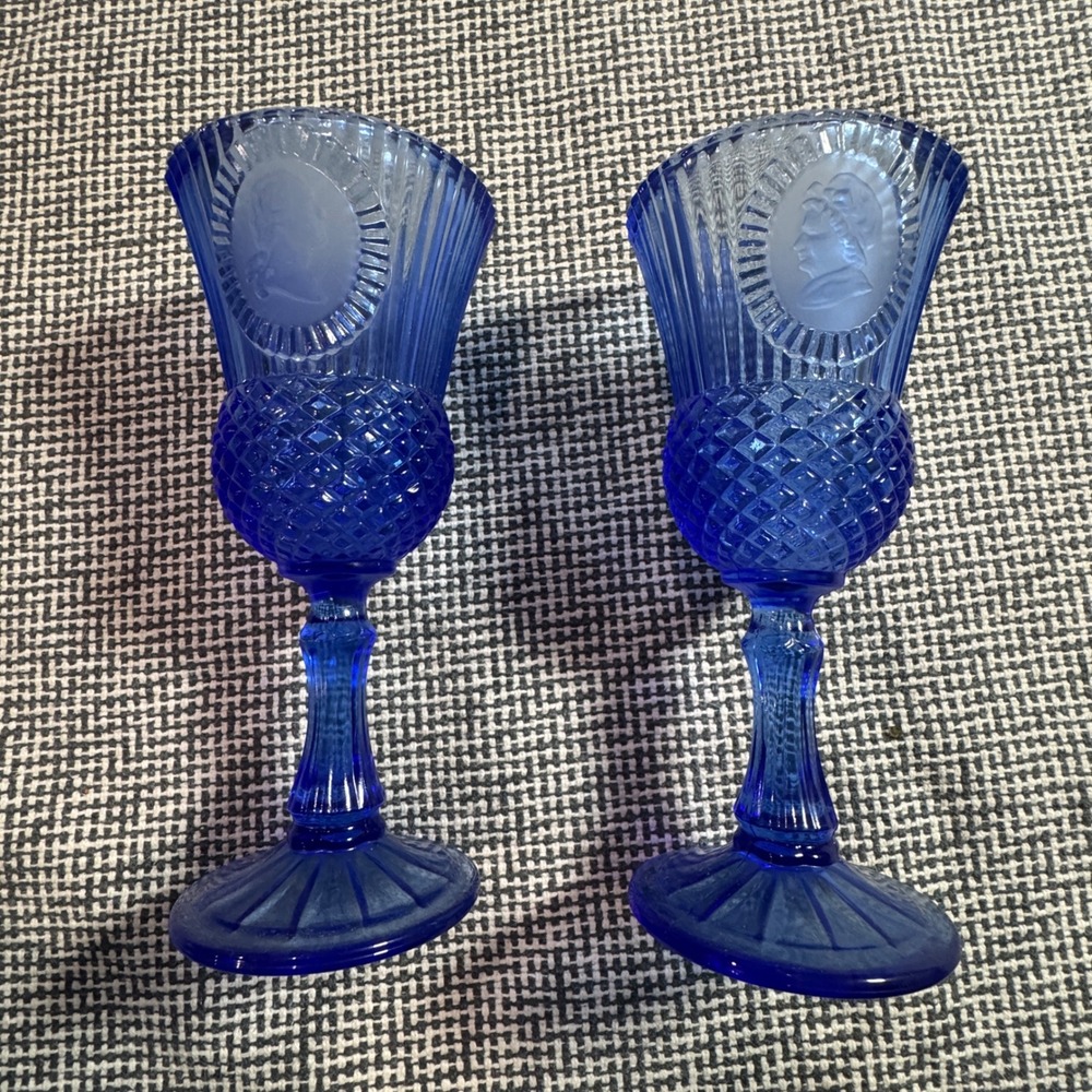 Fostoria Avon Cobalt Blue Glass Goblets George Martha Washington Cameo Set of 2
